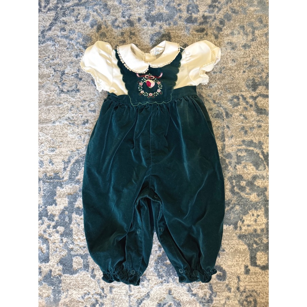 Vintage Girls Baby Green Floral Embroidered Romper 18 Months Holiday Grannycore